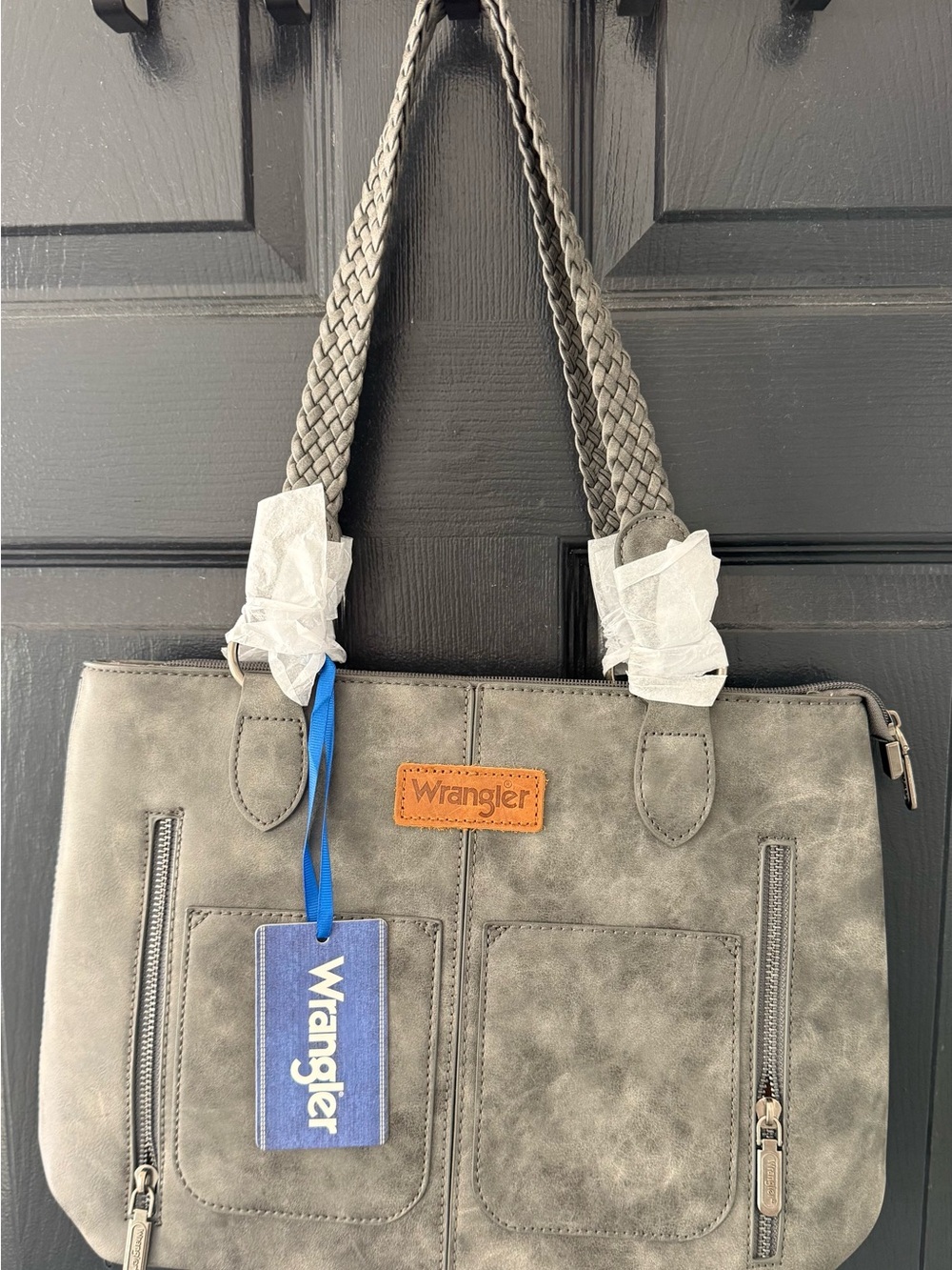 Wrangler Gray Braided-Handle Tote with Front Pockets